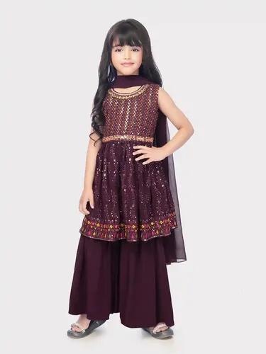 Betty Wine Colored Georgette Fabric Stitched Gharara Set - 6-7 Yrs