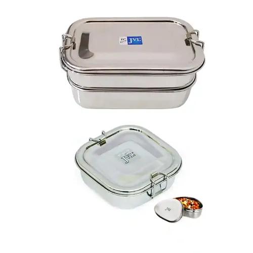 Jvl Stainless Steel Rectangular Double Layer Lunch Box With Inner Plate & Small Square Single Layer Lunch Box With Mini Container - Set Of 3