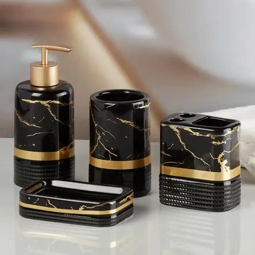 Kookee Ceramic Bathroom Accessories Set of 4, Modern Bath Set with Liquid handwash Soap Dispenser and Toothbrush holder, Luxury Gift Accessory for Home - Black (9745)