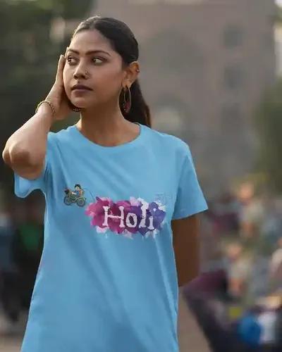 Dynamic Holi Splash Women's Tee | 100% Premium Bio Wash Cotton T-Shirts - S  (Light Blue)