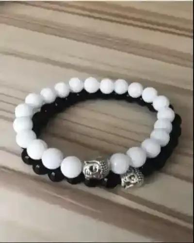 White Agate and Black Onyx Stone, Natural Energized Stone, 8 mm Beads Bracelet with Buddha