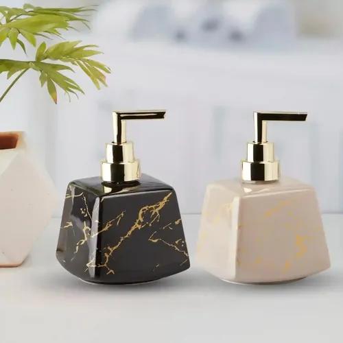 Kookee Ceramic Soap Dispenser for Bathroom hand wash, refillable pump bottle for Kitchen hand wash basin, Set of 2, Black/Beige(10832)