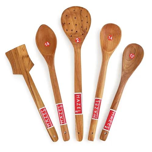 HAZEL Wooden Kitchen Tools Spoon Set of 5 (Pan Spatula Small, Oval Spatula Small, Serving Jhara, Taveta, Oval Spatula Large)