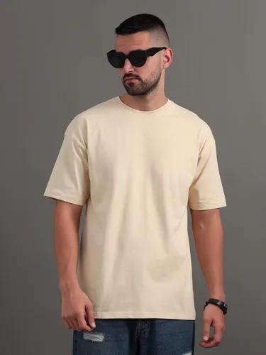 Cream Solid Oversized T-Shirt L