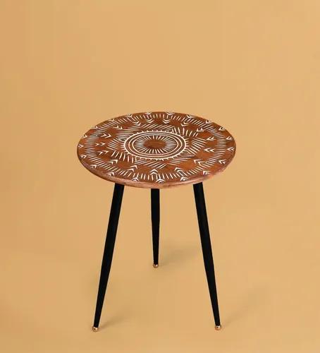 CASA DECOR Tribal Tapestry Carved Accent Table End Table Side Table Coffee Round Table for Living Room