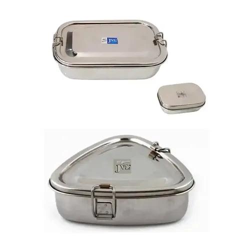 Jvl Stainless Steel Rectangular Single Layer Lunch Box With Small Container & Big Triangle Lunch Box With Inner Plate Not Leak Proof - Pack Of 2