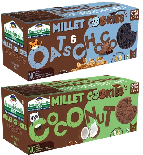 Tummy Friendly Foods Millet Cookies - Coconut , Oat Choco  - Pack Of 2 - 75G Each. Healthy Ragi Biscuits, Snacks For Baby, Kids & Adults