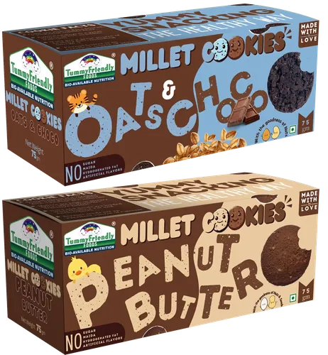 Tummy Friendly Foods Millet Cookies - Oat Choco, Peanut Butter  - Pack Of 2 - 75G Each. Healthy Ragi Biscuits, Snacks For Baby, Kids & Adults