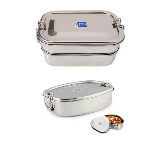 Jvl Stainless Steel Rectangular Shape Double Layer Lunch Box With Inner Plate & Small Deluxe Single Layer Lunch Box With Mini Container - Set Of 3