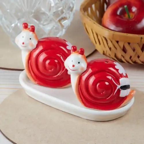 Kookee Ceramic Salt and Pepper Shakers Set with tray for Dining Table used as Namak Dhani, Shaker, Sprinkler, Spices Dispenser for Home, Kitchen and Restaurant, Snail Design, Red White (8570)