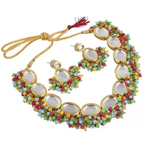 Gold Plated(18k) Kundan Stone With Beads Necklace Set - Multicolor1
