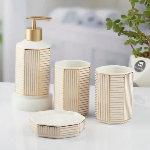 Kookee Ceramic Bathroom Accessories Set of 4, Modern Bath Set with Liquid hand wash Soap Dispenser and Toothbrush holder, Luxury Gift Accessory for Home, White/Gold (10388)