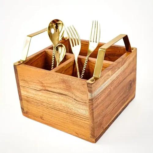 Behoma Wooden Utensil Holder and Napkin Rack with Black Metal Carry Handles, Dining Flatware Cutlery Storage Caddy / Nepkin & Cutlery Holder