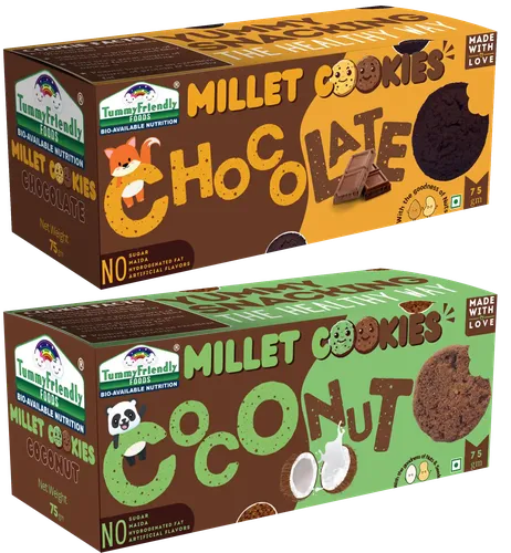 Tummy Friendly Foods Millet Cookies - Chocolate, Coconut - Pack Of 2 - 75G Each. Healthy Ragi Biscuits, Snacks For Baby, Kids & Adults