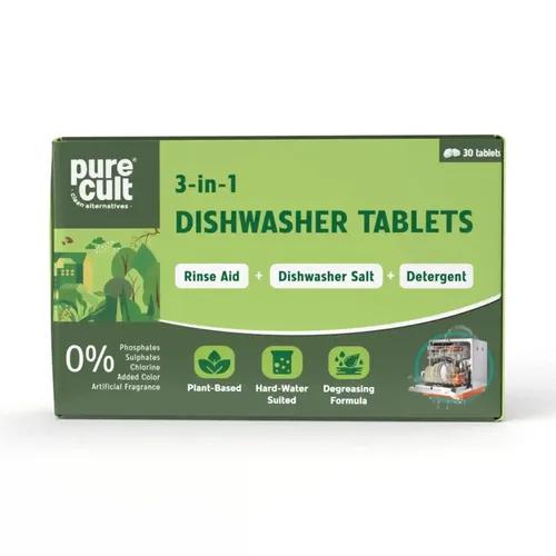 PureCult 3-in-1 Dishwasher Tablets | Plant, Mineral and Enzyme Based | 0% Sulphates, Phosphates | 30 Tablets