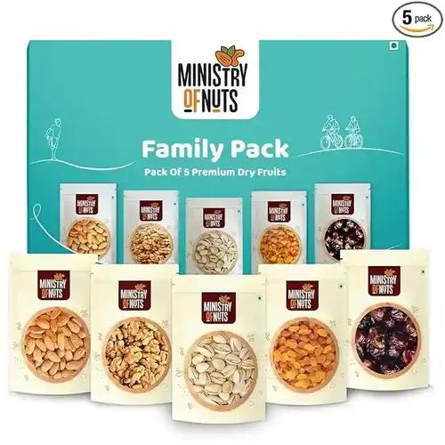 Ministry Of Nuts Family Pack Of 5 Premium Dry Fruits Almonds 150G, Walnuts 125G, Pistachios 125G, Raisins 175G And Dates 175G In Different Combos Total 750G