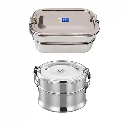 Jvl Stainless Steel Rectangular Shape Double Layer Lunch Box With Inner Plate & Small Round Shape Lunch Box Not Leak Proof - Pack Of 2