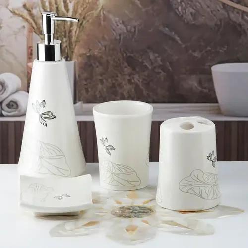 Kookee Ceramic Bathroom Accessories Set of 4, Modern Bath Set with Liquid handwash Soap Dispenser and Toothbrush holder, Luxury Gift Accessory for Home - White (10115)