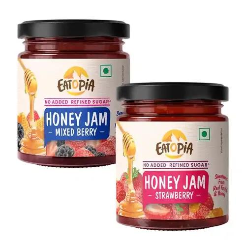 EATOPIA Mixed Berry & Strawberry Honey Jam - Kids & Adult | Sugar Free | 100% Pure & Natural | No Preservatives | No Added Flavours | 70% Real Fruits & Wild Honey | Good for Gut Health |Pack of 2-480g