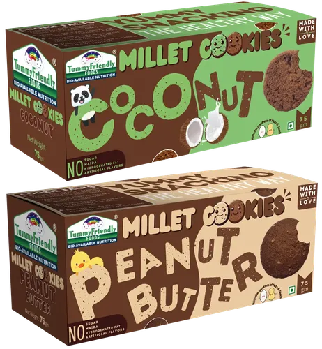 Tummy Friendly Foods Millet Cookies - Coconut, Peanut Butter - Pack Of 2 - 75G Each. Healthy Ragi Biscuits, Snacks For Baby, Kids & Adults