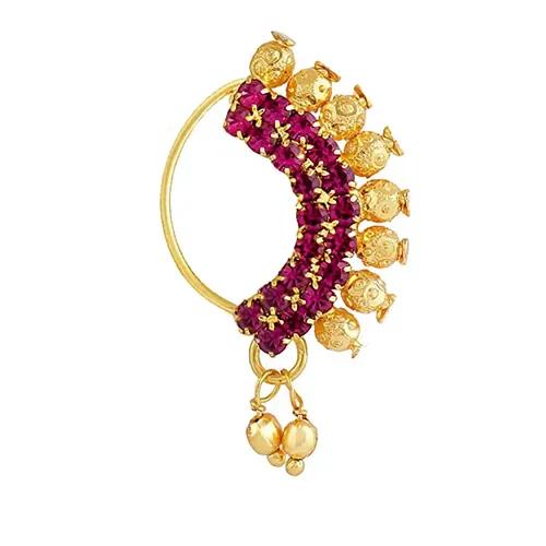 JEWELOPIA Maharashtrian Nath CZ Nose Stud Traditional Bridal Nath Wedding Jewellery Marathi AD Nose Stud Clip on Pearl Gold Plated Pressing Nath Nose Ring For Girls (Ruby)