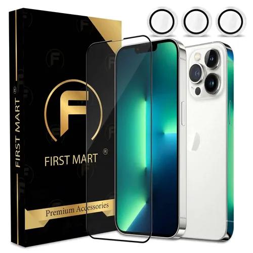 FIRST MART for iPhone 13 Pro Max Tempered Glass and 1 Set of Individual White Camera Rings Protectors, 2.5D Curved Edges, Full-Coverage Military-Grade Protection, Scratch Resistant | White Rings