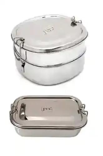 Jvl Stainless Steel Rectangular Shape Single Layer & Small Chakra Shape Double Layer Lunch Box With Inner Plate - Set Of 2