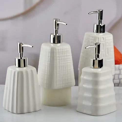 Kookee Ceramic Soap Dispenser for Bathroom hand wash, refillable pump bottle for Kitchen hand wash basin, Set of 4, Multicolor (10550)