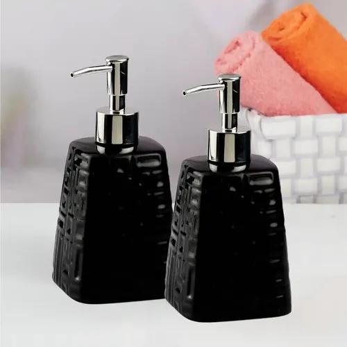 Kookee Ceramic Soap Dispenser for Bathroom hand wash, refillable pump bottle for Kitchen hand wash basin, Set of 2, Black (10995)