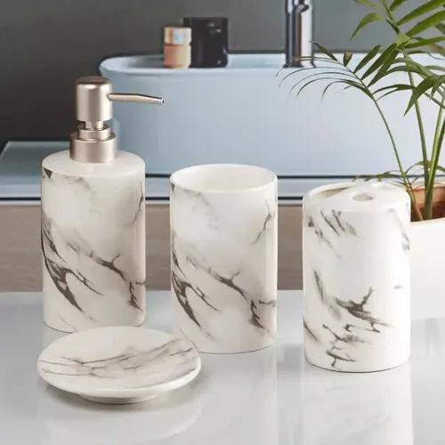 Kookee Ceramic Bathroom Accessories Set of 4, Modern Bath Set with Liquid handwash Soap Dispenser and Toothbrush holder, Luxury Gift Accessory for Home - White (8479)