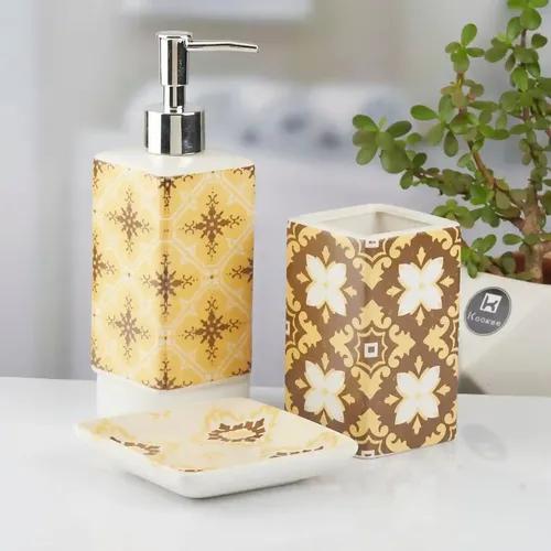 Kookee Ceramic Bathroom Accessories Set of 3, Modern Bath Set with Liquid hand wash Soap Dispenser and Toothbrush holder, Luxury Gift Accessory for Home, Yellow (10423)