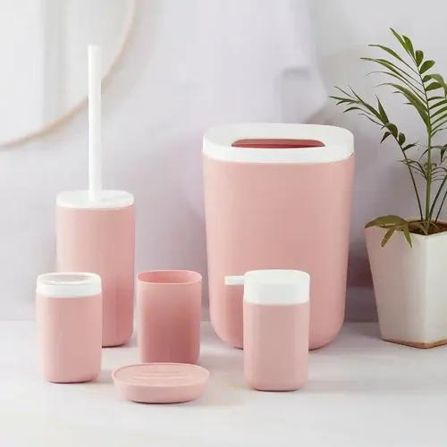 Kookee Acrylic Bathroom Accessories Set of 6, Modern Acrylic Bath Set with Liquid Soap Dispenser, Dustbin, Toilet Brush and Toothbrush Holder, Bathroom Accessory Set Gift Items for Home - Pink (8260)