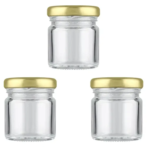 Shiva Organic 41ml Round Glass Jar for Kitchen Storage | Food Grade Glass Container | Golden Metal Cap | Air Tight Lid | Clear Transparent Jar (Pack of 3)