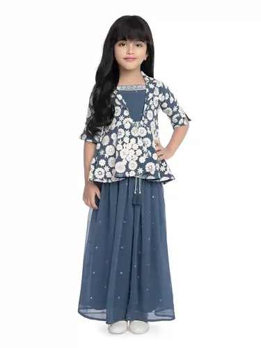 Betty Blue Colored Georgette Fabric Stitched Palazzo Set along with Jacket - 7-8 Yrs
