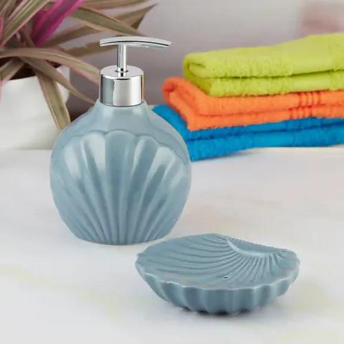 Kookee Ceramic Bathroom Accessories Set of 2, Modern Bath Set with Liquid handwash Soap Dispenser and Toothbrush holder, Luxury Gift Accessory for Home - Light Blue (8180)