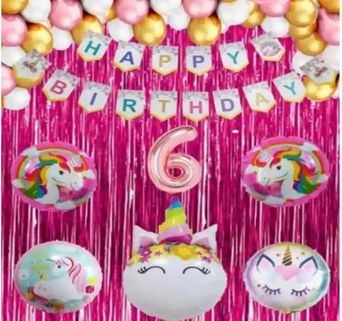 TrendzyKart 6th Happy Birthday Decoration Combo With Unicorn Foil Balloon (Pink)
