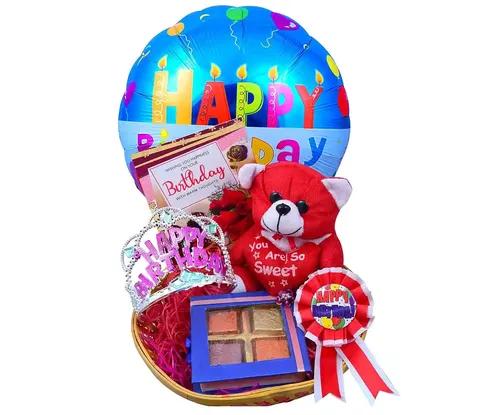 Birthday Gift For Girlfriend/Boyfriend/Birthday Hamper-Box Of Chocolates+Teddy Bear+Birthday Balloon+Birthday Batch+Crown+Birthday Greeting Card