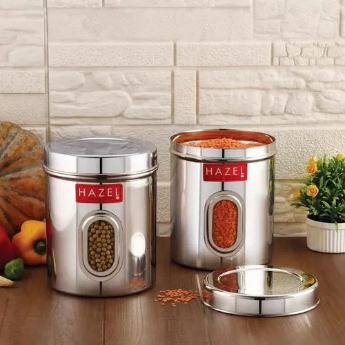 HAZEL Steel Container for Kitchen Storage | Transparent Kitchen Storage Containers, 1400 ML, Set of 2