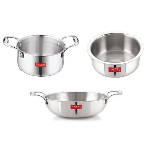 HAZEL Triply Stainless Steel Induction Bottom Tope and Tope with Handle 4.6 Litre, Kadhai 2 Litre