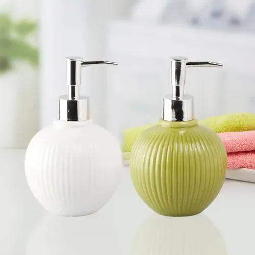 Kookee Ceramic Soap Dispenser for Bathroom hand wash, refillable pump bottle for Kitchen hand wash basin, Set of 2, White/Green (10853)