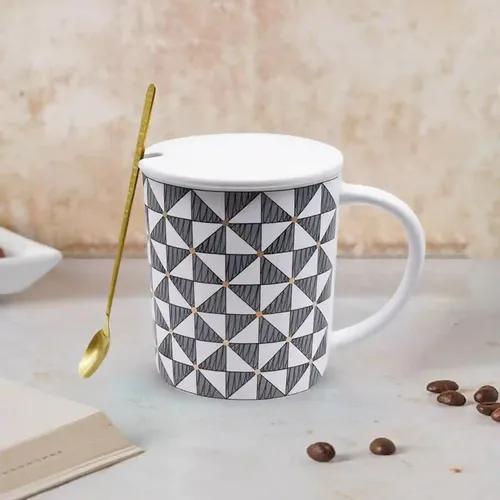 Kookee Fancy Ceramic Coffee or Tea Mug with Lid and Handle with Spoon for Office, Home or Gifting (8524)