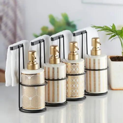 Kookee Ceramic Soap Dispenser for Bathroom handwash, refillable pump bottle for Kitchen hand wash basin, Set of 4 - White (10334)