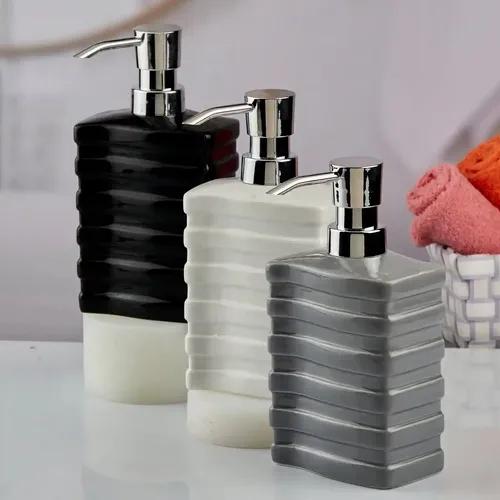 Kookee Ceramic Soap Dispenser for Bathroom hand wash, refillable pump bottle for Kitchen hand wash basin, Set of 3, White/Grey/Black (10540)