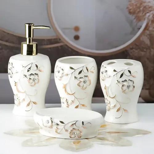 Kookee Ceramic Bathroom Accessories Set of 4, Modern Bath Set with Liquid handwash Soap Dispenser and Toothbrush holder, Luxury Gift Accessory for Home - White (10094)