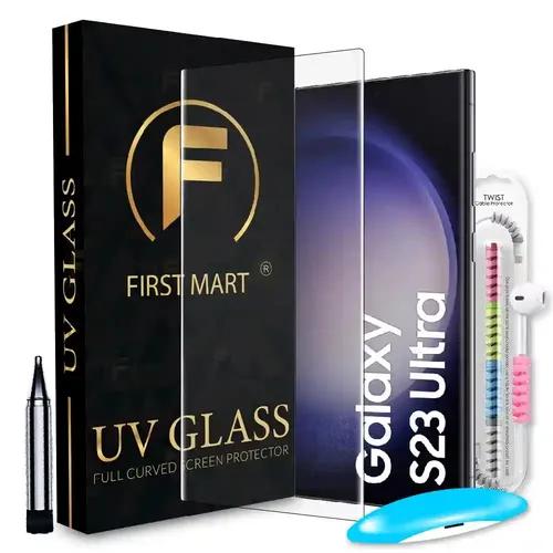 FIRST MART Tempered Glass for Samsung Galaxy S23 Ultra 5G with Edge to Edge Full Screen Coverage and Easy UV Installation Kit and Cable Protector, Pack of 1