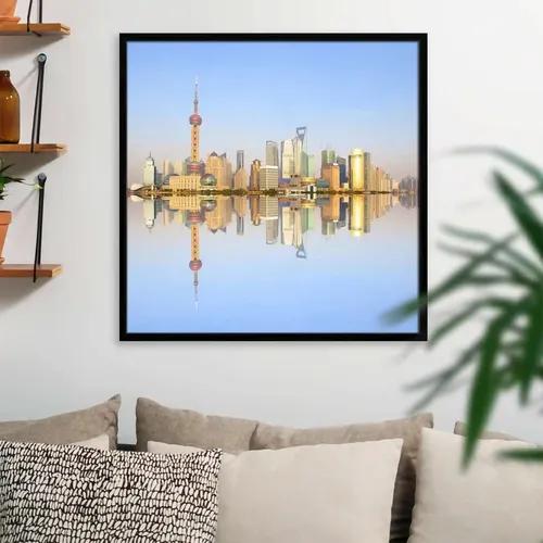 ArtzFolio 2012 Shanghai City Skyline At Dusk | Premium Canvas Painting for Bedroom & Living Room | Black Wood Frame | 20 x 20 inch (51 x 51 cms)