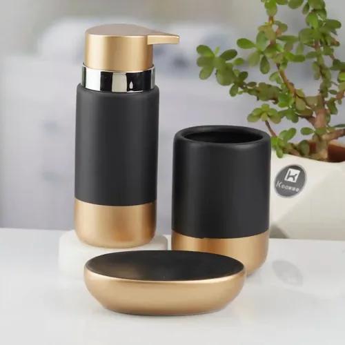 Kookee Ceramic Bathroom Accessories Set of 3, Modern Bath Set with Liquid hand wash Soap Dispenser and Toothbrush holder, Luxury Gift Accessory for Home, Black (10434)