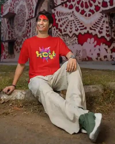 Celebrate with Style: Happy Holi Men's T-Shirt in Vibrant Colors | 100% Premium Bio Wash Cotton T-Shirts - S  (Red)