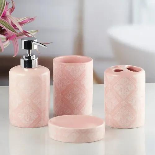 Kookee Ceramic Bathroom Accessories Set of 4, Modern Bath Set with Liquid handwash Soap Dispenser and Toothbrush holder, Luxury Gift Accessory for Home - Pink (8217)