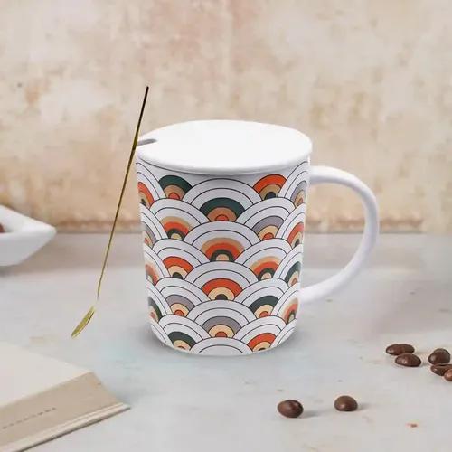 Kookee Fancy Ceramic Coffee or Tea Mug with Lid and Handle with Spoon for Office, Home or Gifting (8525)